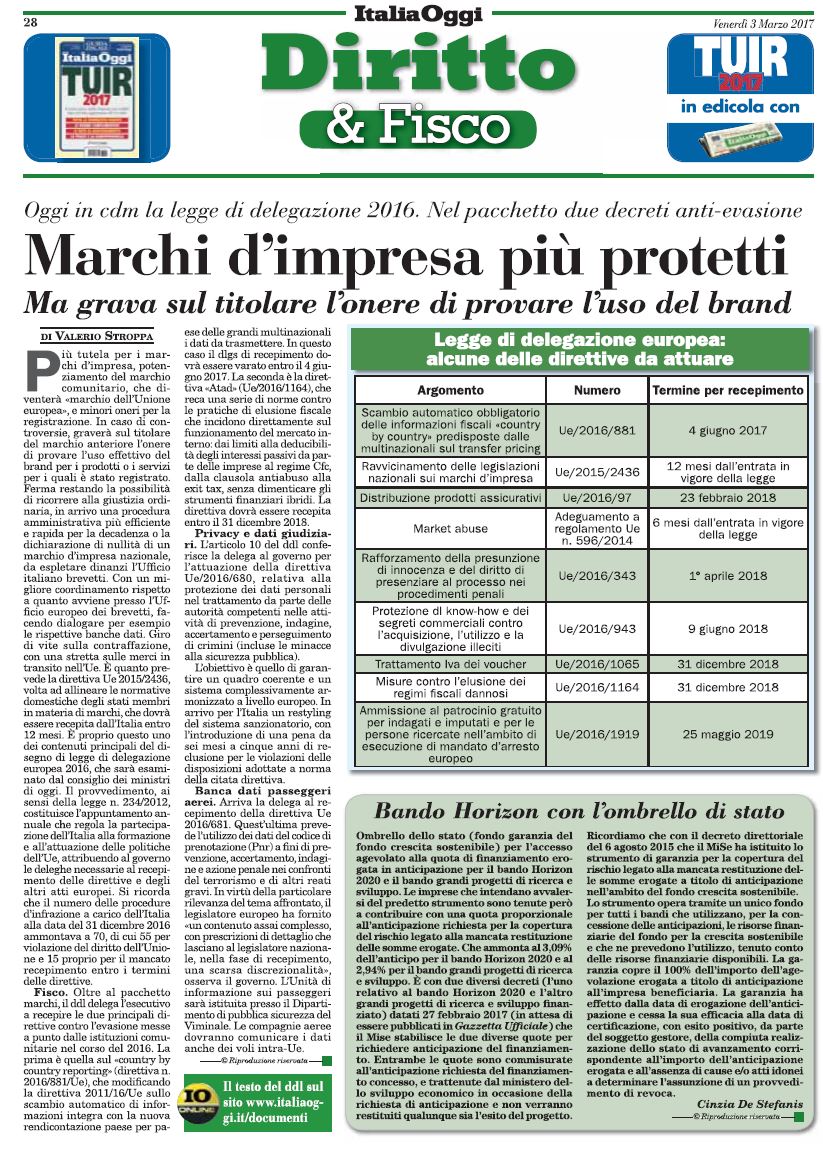 MARCHI D’IMPRESA PIU’ PROTETTI – Italia Oggi 03-03-2017