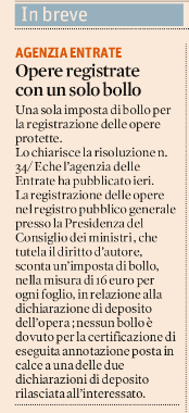 OPERE REGISTRATE CON UN SOLO BOLLO – Il Sole 24 Ore 17-03-2017