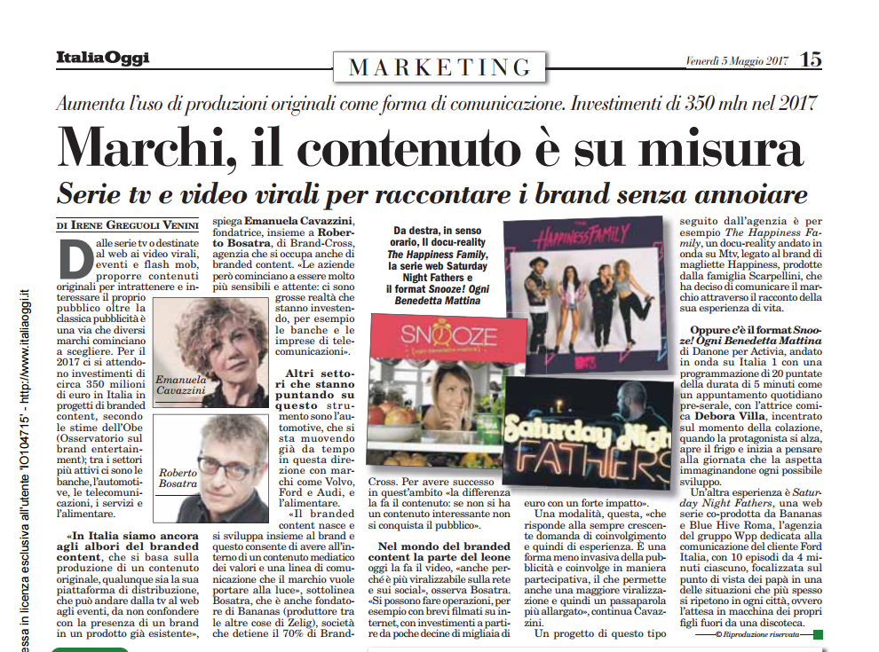 MARCHI, IL CONTENUTO E’ SU MISURA – Italia Oggi  05-05-2017