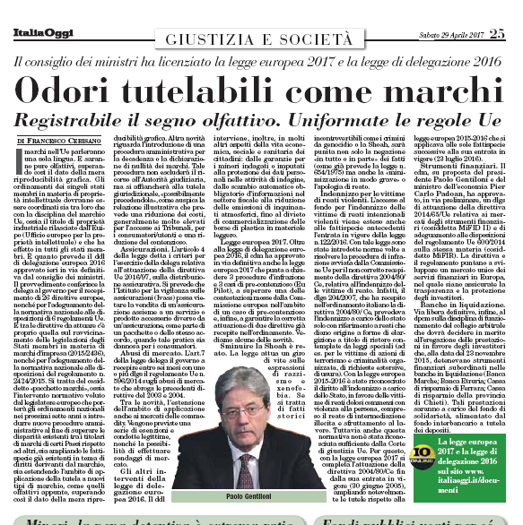 ODORI TUTELABILI COME MARCHI – Italia Oggi  29-04-2017
