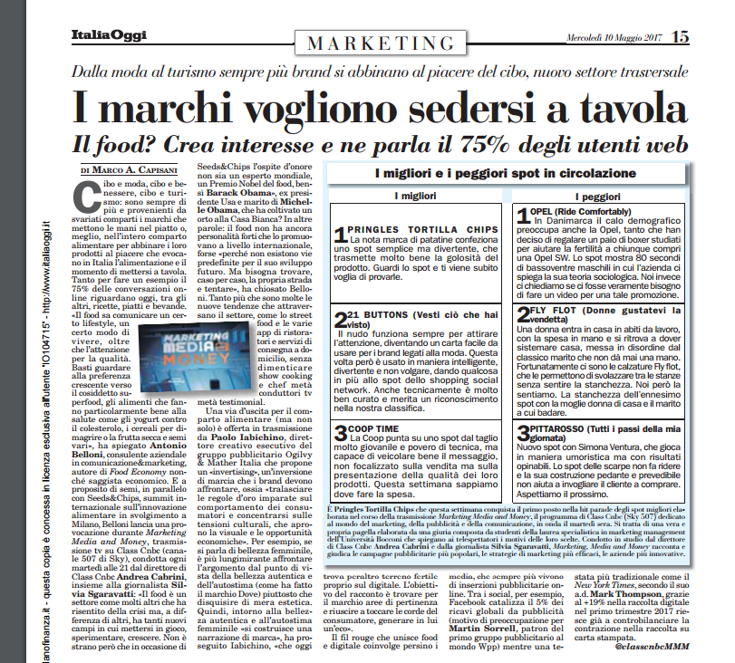 I MARCHI VOGLIONO SEDERSI A TAVOLA – Italia Oggi  10-05-2017