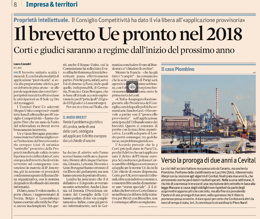 IL BREVETTO UE PRONTO NEL 2018 – Il Sole 24 ore –  31-05-2017