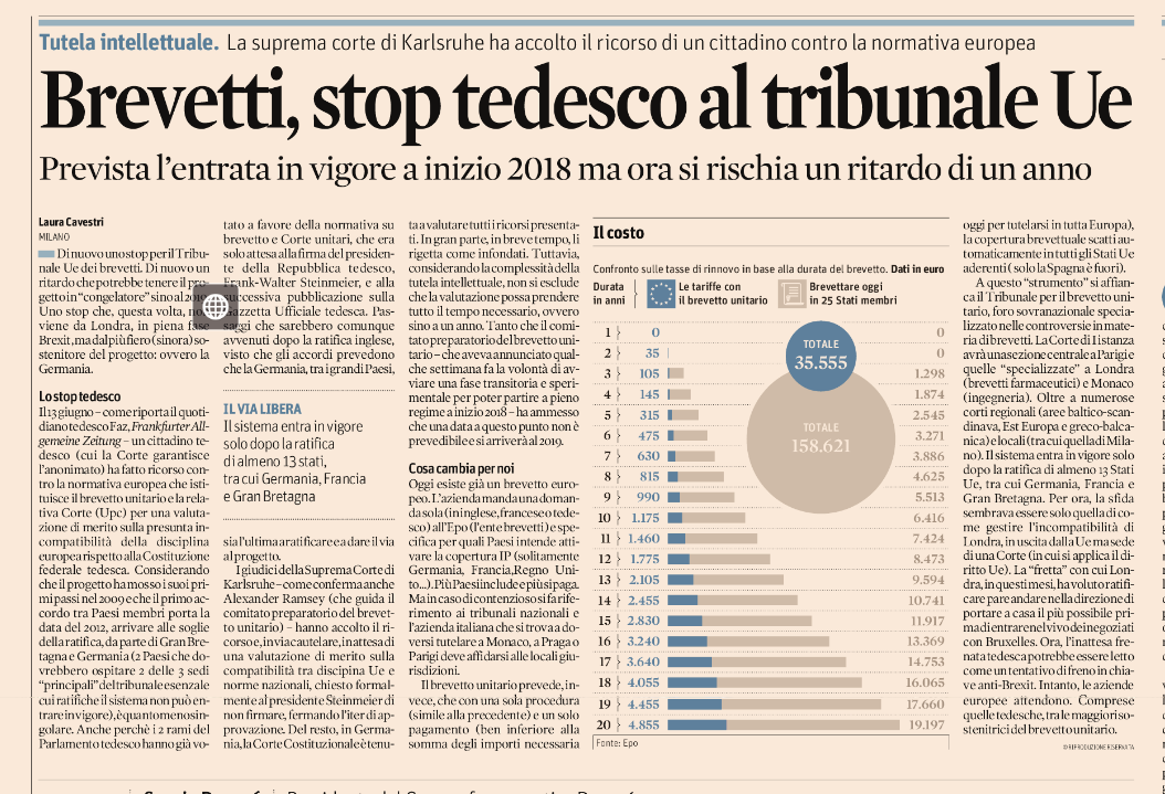 BREVETTI, STOP TEDESCO AL TRIBUNALE UE – Il Sole 24 ore – 03-07-2017