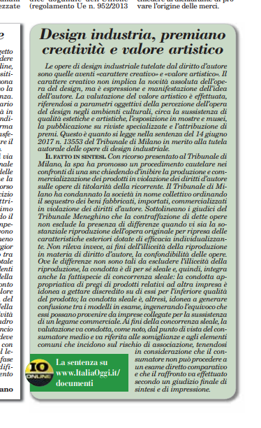Design industria, premiano creatività e valore artistico – Italia Oggi – 11-07-2017