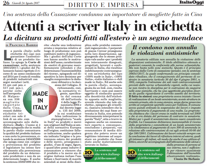 Attenti a scriver Italy in etichetta – Italia Oggi – 24-08-2017
