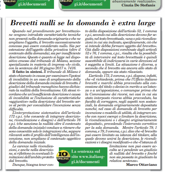 Brevetti nulli se la domanda è extra large – Italia Oggi – 24-08-2017