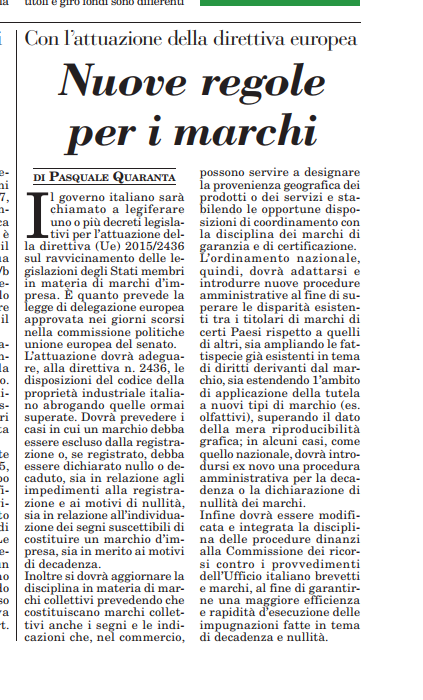Nuove regole per i marchi – Italia Oggi – 29-07-2017