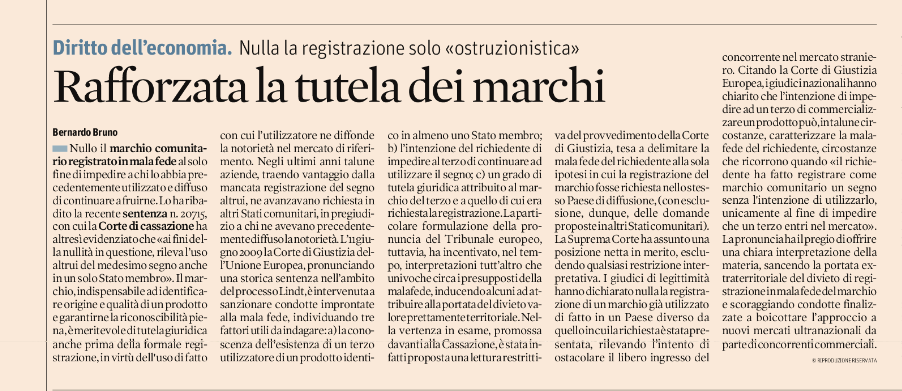 Rafforzata la tutela dei marchi – Il sole 24 ore  – 14-09-2017
