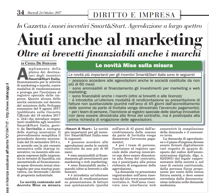 Oltre ai Brevetti finanziabili anche i Marchi – Italia Oggi del  24-10-2017