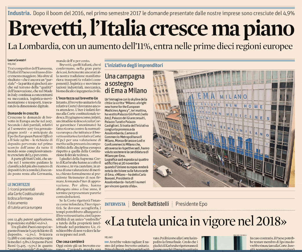 Brevetti l’Italia cresce. La Lombardia entra nella top 10 d’Europa – Il Sole 24 ore del  29-10-2017