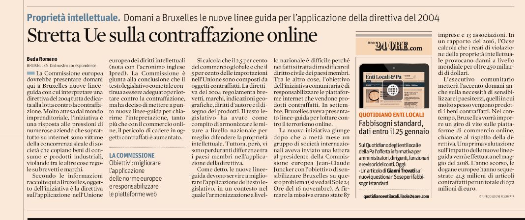 Stretta Ue sulla contraffazione on line – Il Sole 24 ore del  28-11-2017